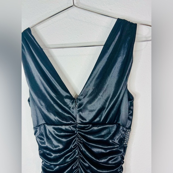 Pompous Girly Black Satin Ruched Bodycon Mini Dress Sz Small Embellished Waist - Picture 9 of 10
